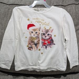 5/$35 H&M Girls Holiday Kitten Shirt 4-6 Glitter Long Sleeve Christmas Top